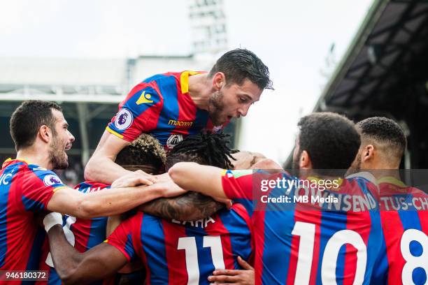 James Tomkins of Crystal Palace celebrates after scoring goal during the Premier League match between Crystal Palace and Brighton and Hove Albion at...