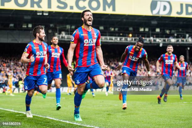 James Tomkins of Crystal Palace celebrates after scoring goal during the Premier League match between Crystal Palace and Brighton and Hove Albion at...