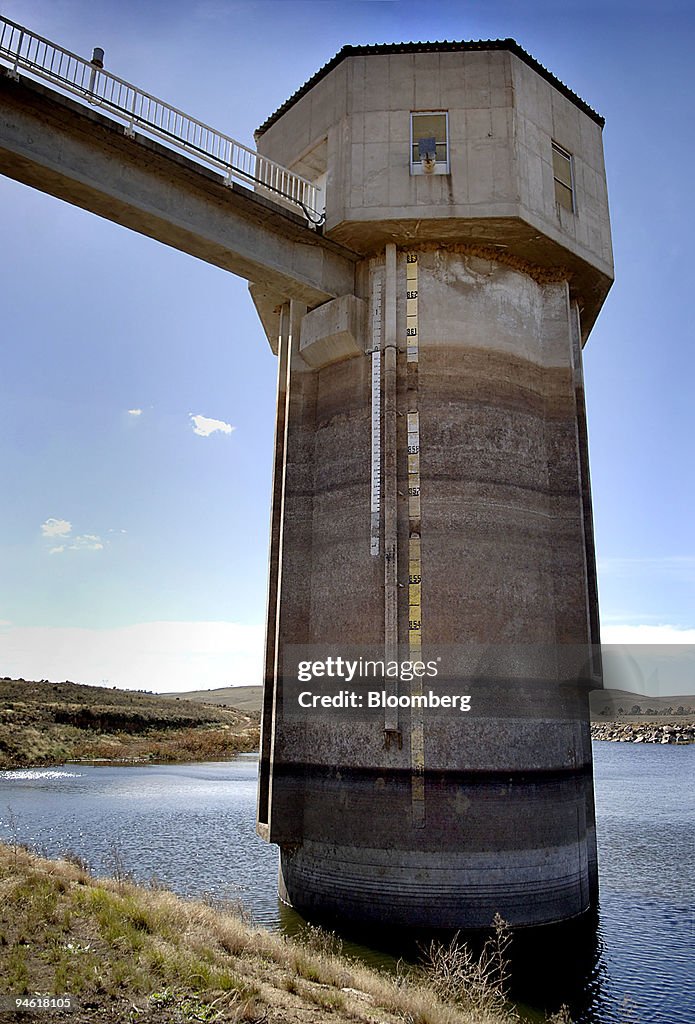 Water level markings are seen on a tower inside Pejar Dam, n