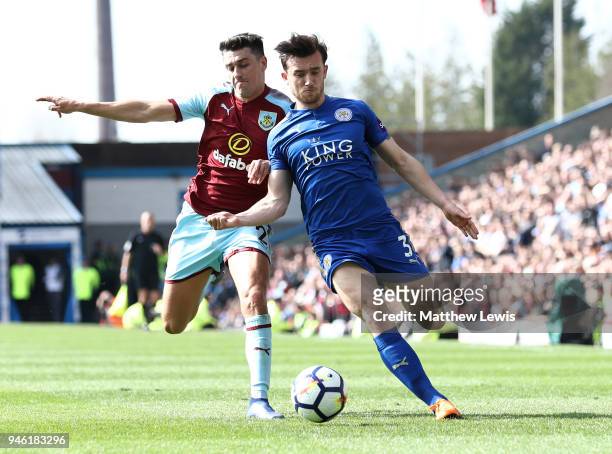 Matthew Lowton of Burnley battles for possesion with Ben Chilwell of Leicester City during the Premier League match between Burnley and Leicester...