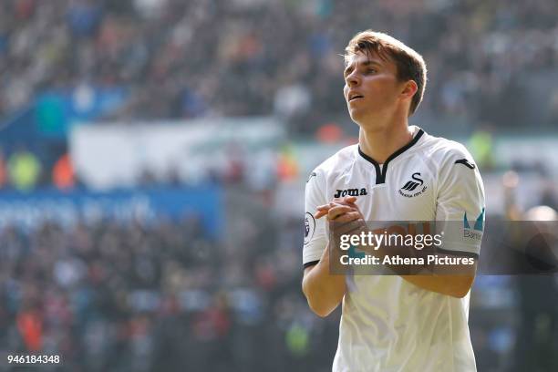 Tom Carroll of Swansea City reacts after his shot went wide during the Premier League match between Swansea City and Everton at The Liberty Stadium...