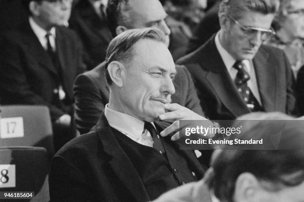 British politician Enoch Powell takes part in a meeting in occasion of the G7 summit, London, UK, 10th May 1977.