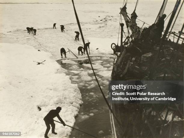 The crew endeavouring to cut their ship 'Endurance' out of the ice during the Imperial Trans-Antarctic Expedition of 1914-17, February 1915.