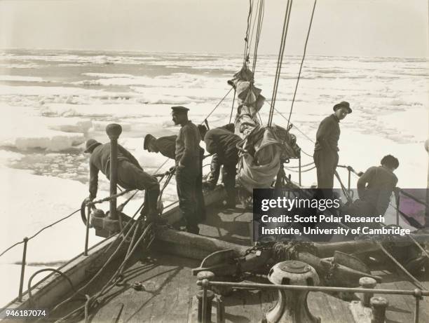 Crew aboard the 'Endurance' entering pack ice during the Imperial Trans-Antarctic Expedition 1914-17, 9th December 1914.