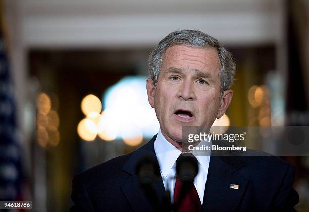 President George W. Bush speaks in the Cross Hall of the White House in Washington, D.C., after vetoing an Iraq war spending bill on Tuesday, May 1,...
