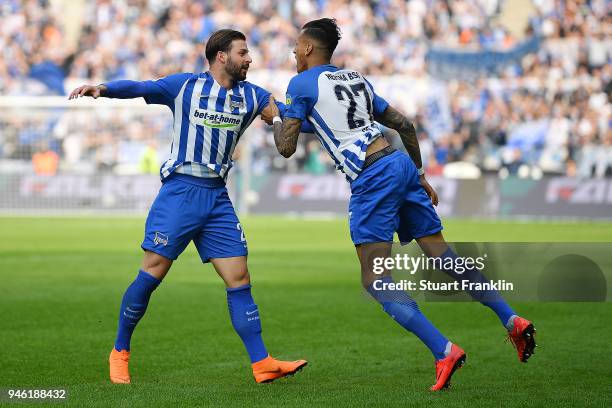 Davie Selke of Berlin celebrates after he scored a goal to make it 1:1 during the Bundesliga match between Hertha BSC and 1. FC Koeln at...