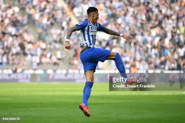 Davie Selke of Berlin celebrates after he scored a goal to make it 1:1 during the Bundesliga match between Hertha BSC and 1. FC Koeln at...