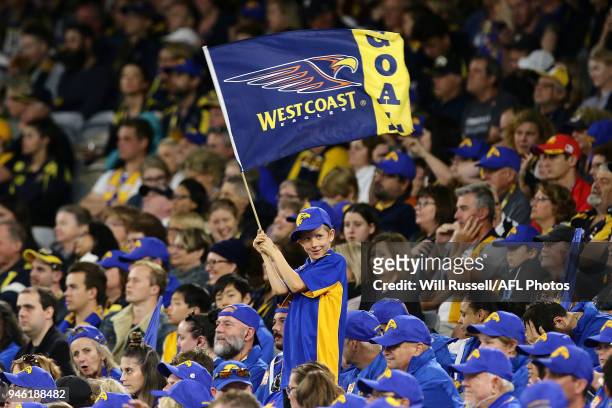 An Eagle fan shows his support during the round four AFL match between the West Coast Eagles and the Gold Coast Suns at Optus Stadium on April 14,...