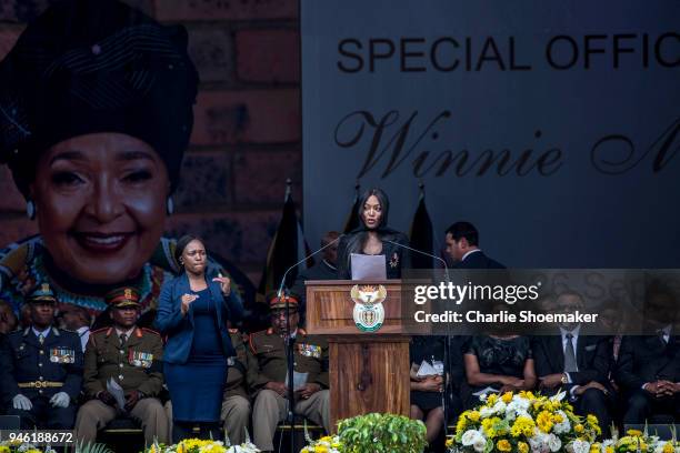 International supermodel Naomi Campbell speaks at the funeral for Winnie Mandela held at the Orland Stadium on April 14 in Soweto, South Africa. The...