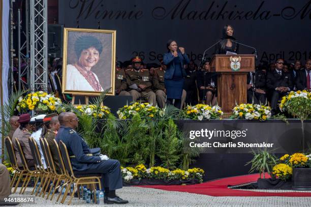 International supermodel Naomi Campbell speaks at the funeral for Winnie Mandela held at the Orland Stadium on April 14 in Soweto, South Africa. The...