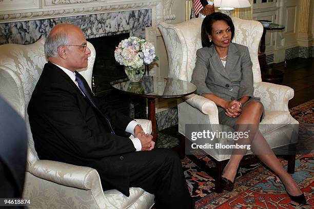 Secretary of State Condoleezza Rice, right, speaks with Indian Foreign Secretary Shivshankar Menon, left, at the State Department, May 1 in...