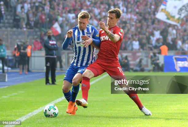 Mitchell Weiser of Hertha BSC and Simon Zoller of 1. FC Koeln during the Bundesliga game between Hertha BSC and 1st FC Koeln at Olympiastadion on...