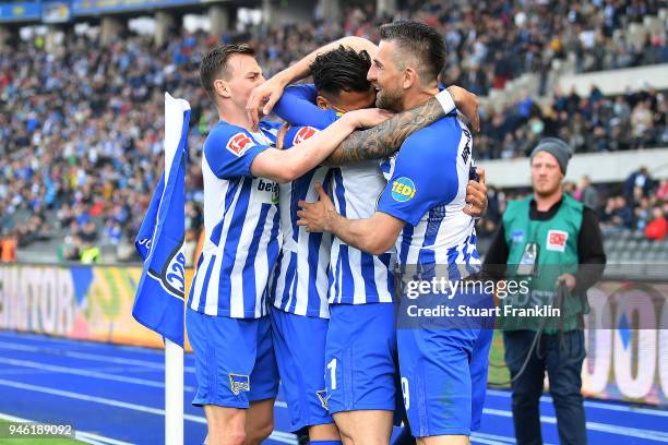 Davie Selke of Berlin celebrates after he scored a goal to make it 2:1 during the Bundesliga match between Hertha BSC and 1. FC Koeln at...