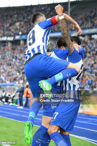 Davie Selke of Berlin celebrates after he scored a goal to make it 2:1 during the Bundesliga match between Hertha BSC and 1. FC Koeln at...
