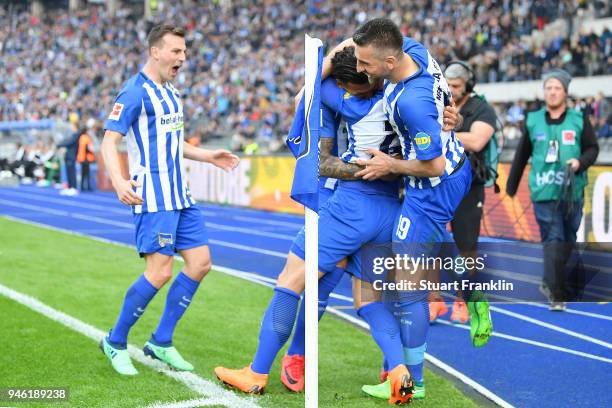 Davie Selke of Berlin celebrates after he scored a goal to make it 2:1 during the Bundesliga match between Hertha BSC and 1. FC Koeln at...