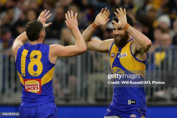 Josh Kennedy of the Eagles celebrates after scoring a goal during the round four AFL match between the West Coast Eagles and the Gold Coast Suns at...