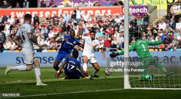 Swansea defender Kyle Naughton scores an own goal to put Everton in the lead during the Premier League match between Swansea City and Everton at...