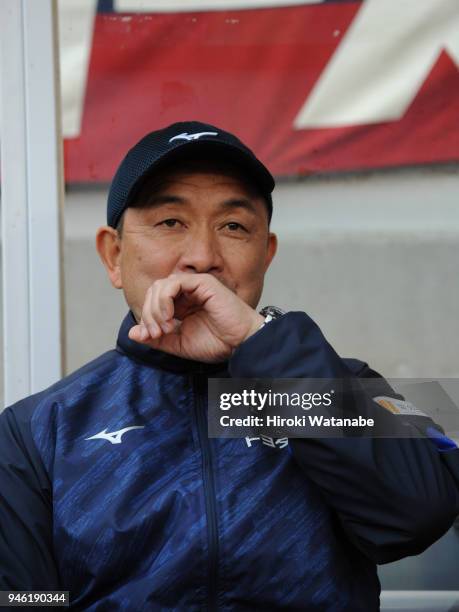 Yahiro Kazama,coach of Nagoya Grampus looks on prior to the J.League J1 match between Kashima Antlers and Nagoya Grampus at Kashima Soccer Stadium on...