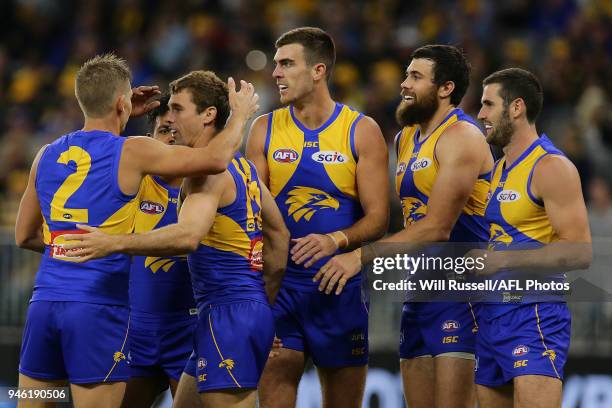 Jamie Cripps of the Eagles celebrates after scoring a goal during the round four AFL match between the West Coast Eagles and the Gold Coast Suns at...