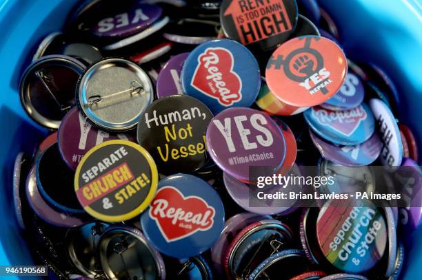 Buckets of badges at a rally for Equality, Freedom &amp; Choice organised by ROSA - Socialist Feminist Movement at Liberty Hall in Dublin.