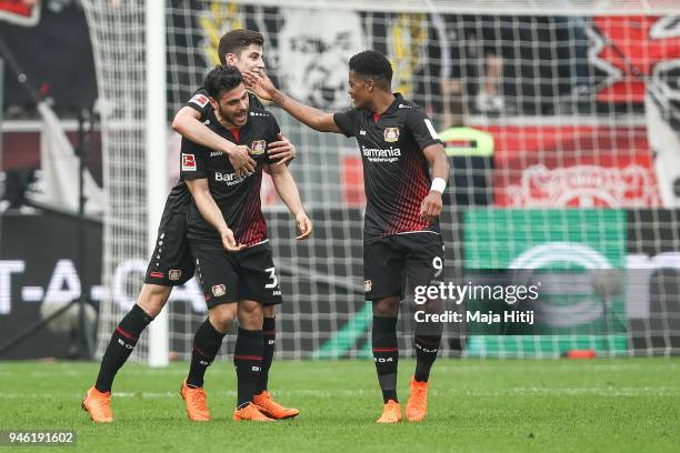 Kevin Volland of Bayer Leverkusen celebrates with his team-mates after scoring his teams second goal to make it 2-1 during the Bundesliga match...