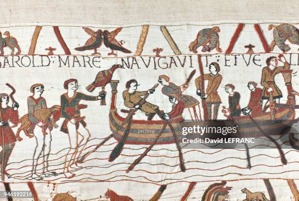 Detail of the Bayeux Tapestry - XIth century D?tail de la Tapisserie de Bayeux -XI em si?cle ;sur plus de 70 m?tres de long et 50 centim?tres de...