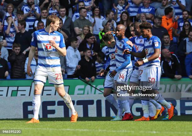 Players celebrate scoring a first half penalty for Reading during the Sky Bet Championship match between Reading and Sunderland at Madejski Stadium...