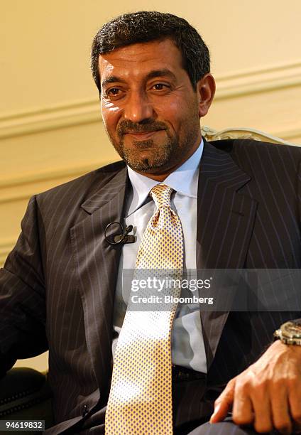 Dubai Civil Aviation Authority President Sheikh Ahmed Bin Saeed Al Maktoum listens during an interview in the Hotel Bristol in Paris, France,...