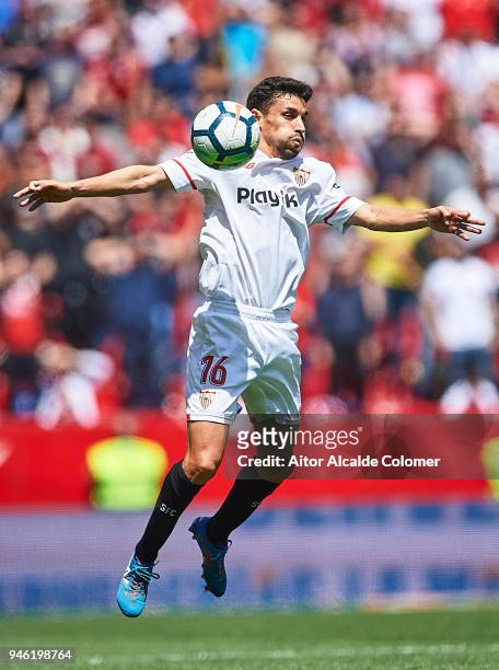 Jesus Navas of Sevilla FC in action during the La Liga match between Sevilla and Villarreal at Estadio Ramon Sanchez Pizjuan on April 14, 2018 in...