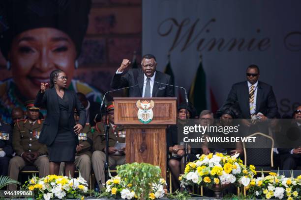 President Hage Geingob, president of Namibia, speaks during the funeral of anti-apartheid champion Winnie Madikizela-Mandela, at the Orlando Stadium...