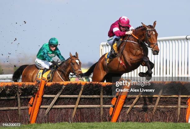 Identity Thief ridden by Sean Flanagan clears the last fence on their way to winning the Ryanair Stayers Hurdle at Aintree Racecourse on April 14,...