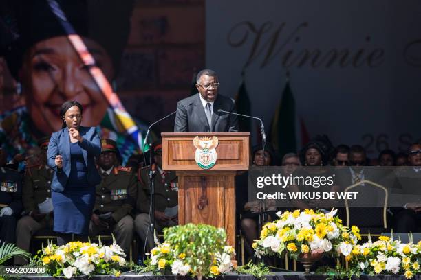 President Hage Geingob, president of Namibia, speaks during the funeral of anti-apartheid champion Winnie Madikizela-Mandela, at the Orlando Stadium...