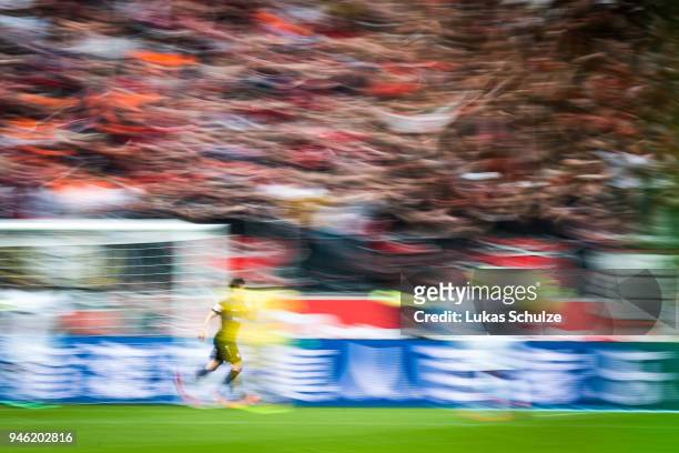 Kevin Volland of Leverkusen celebrates his teams second goal during the Bundesliga match between Bayer 04 Leverkusen and Eintracht Frankfurt at...
