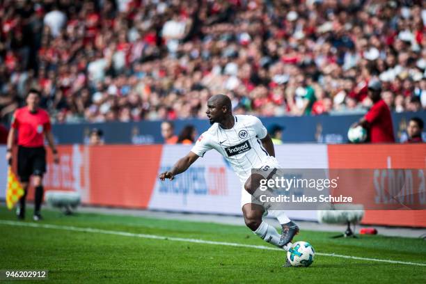 Jetro Willems of Frankfurt in action during the Bundesliga match between Bayer 04 Leverkusen and Eintracht Frankfurt at BayArena on April 14, 2018 in...