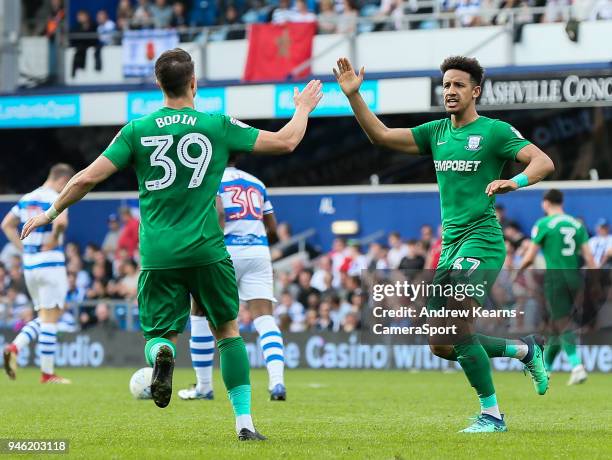 Preston North End's Billy Bodin celebrates with goal scorer Callum Robinson during the Sky Bet Championship match between Queens Park Rangers and...