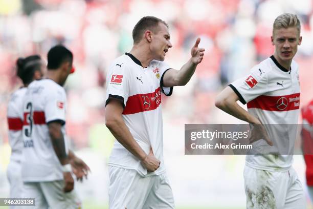 Holger Badstuber of Stuttgart reacts after the Bundesliga match between VfB Stuttgart and Hannover 96 at Mercedes-Benz Arena on April 14, 2018 in...