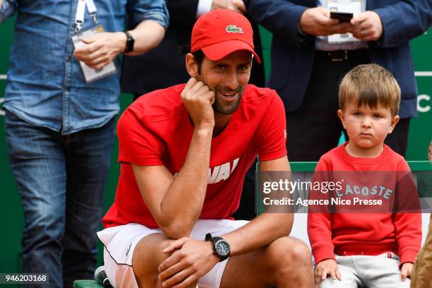 Novak Djokovic of Serbia with his son Stefan during the Masters 1000 Monte Carlo, Day 1, at Monte Carlo on April 14, 2018 in Monaco, Monaco.