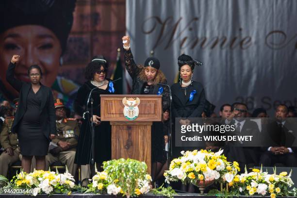 Zenani Mandela-Dlamini , Zindzi Mandela, daughters of Winnie Madikizela-Mandela, and Zindzi Mandela's daughter react as they speak during the funeral...