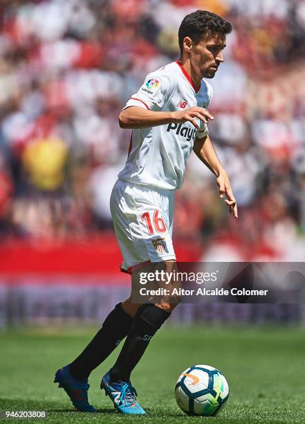 Jesus Navas of Sevilla FC in action during the La Liga match between Sevilla and Villarreal at Estadio Ramon Sanchez Pizjuan on April 14, 2018 in...