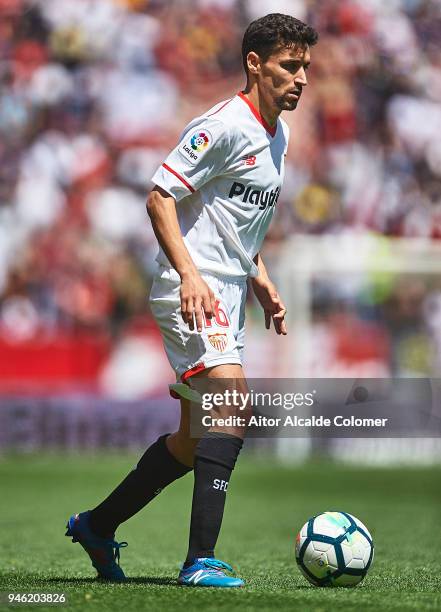 Jesus Navas of Sevilla FC in action during the La Liga match between Sevilla and Villarreal at Estadio Ramon Sanchez Pizjuan on April 14, 2018 in...