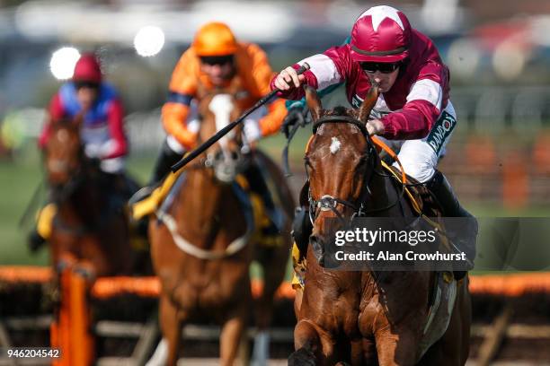 Sean Flanagan riding Identity Thief clear the last to win The Ryanair Stayers Hurdle Race at Aintree racecourse on April 14, 2018 in Liverpool,...