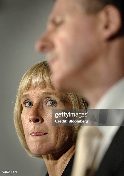 Meredith Hellicar, chairwoman of James Hardie Industries NV, left, looks across to Russell Chenu, executive vice president and chief financial...