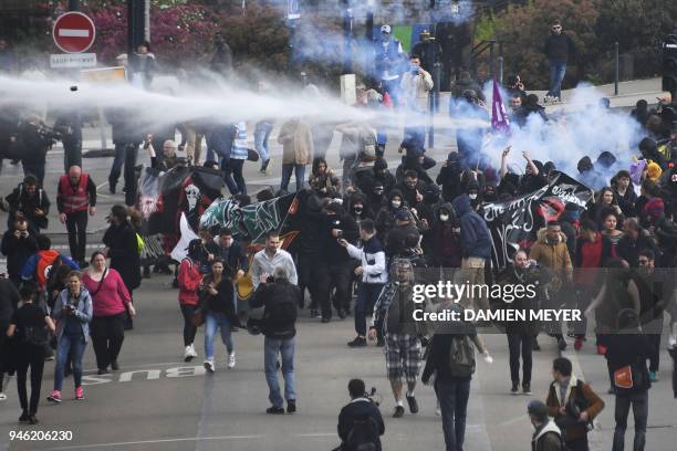 Police use water cannons and tear gas to clear protesters during a demonstration in support of the Notre-Dame-des-Landes ZAD anti-airport camp on...