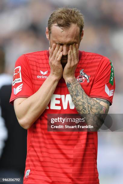 Marcel Risse of Koeln looks dejected after the Bundesliga match between Hertha BSC and 1. FC Koeln at Olympiastadion on April 14, 2018 in Berlin,...