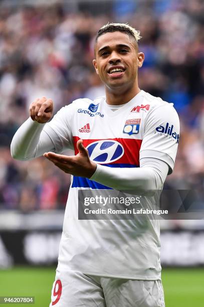 Mariano Diaz of Lyon celebrates after scoring a goal during the Ligue 1 match between Lyon and Amiens at Parc Olympique on April 14, 2018 in Lyon, .