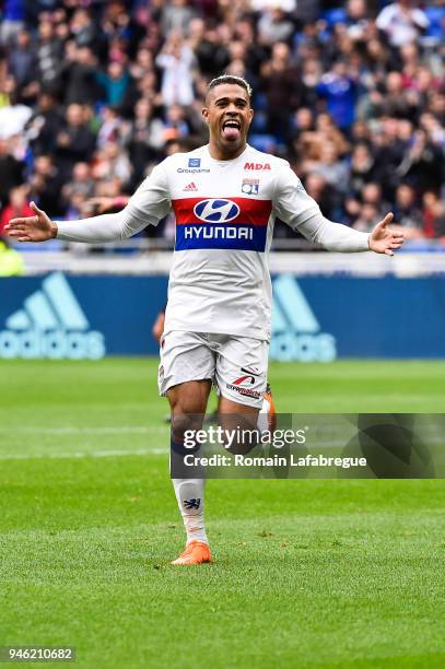 Mariano Diaz of Lyon celebrates after scoring a goal during the Ligue 1 match between Lyon and Amiens at Parc Olympique on April 14, 2018 in Lyon, .