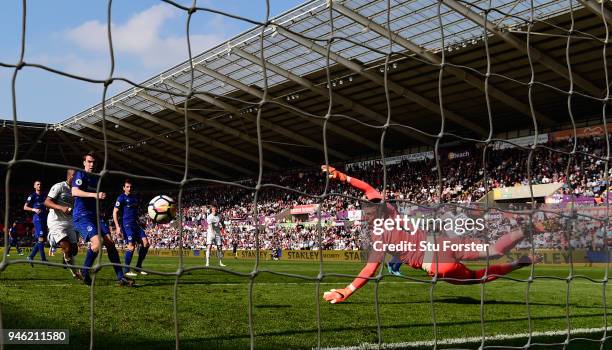 Everton goalkeeper Jordan Pickford is beaten for the Swansea goal by Jordan Ayew during the Premier League match between Swansea City and Everton at...