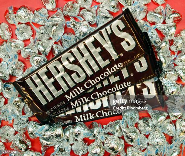 Hershey's Kisses and Milk Chocolate bars are arranged for a photograph, October 19 in New York. Hershey Co., the largest U.S. Chocolate maker,...
