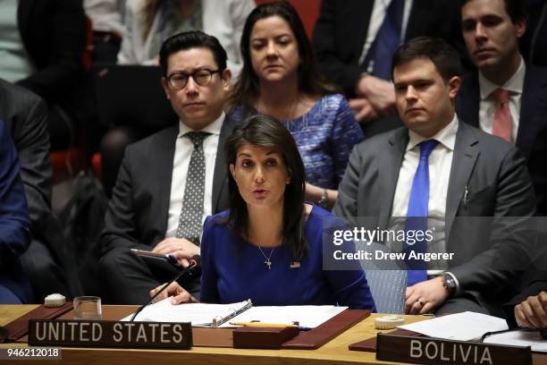 United States Ambassador to the United Nations Nikki Haley speaks during a United Nations Security Council meeting concerning the situation in Syria,...