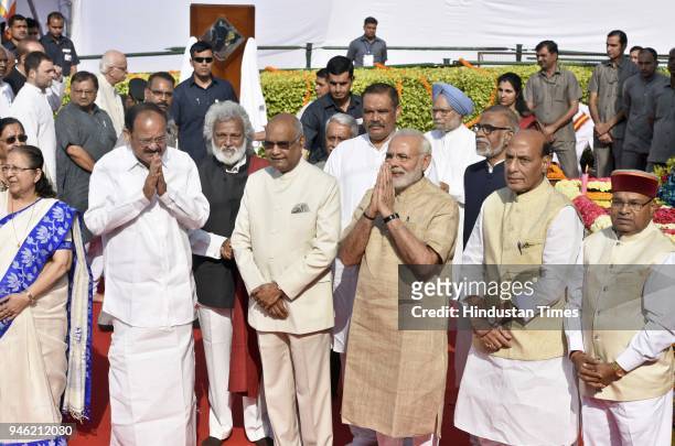 President Ram Nath Kovind, Vice-President Venkaiah Naidu, Prime Minister Narendra Modi and speaker of Lok Sabha Sumitra Mahajan after paying tributes...